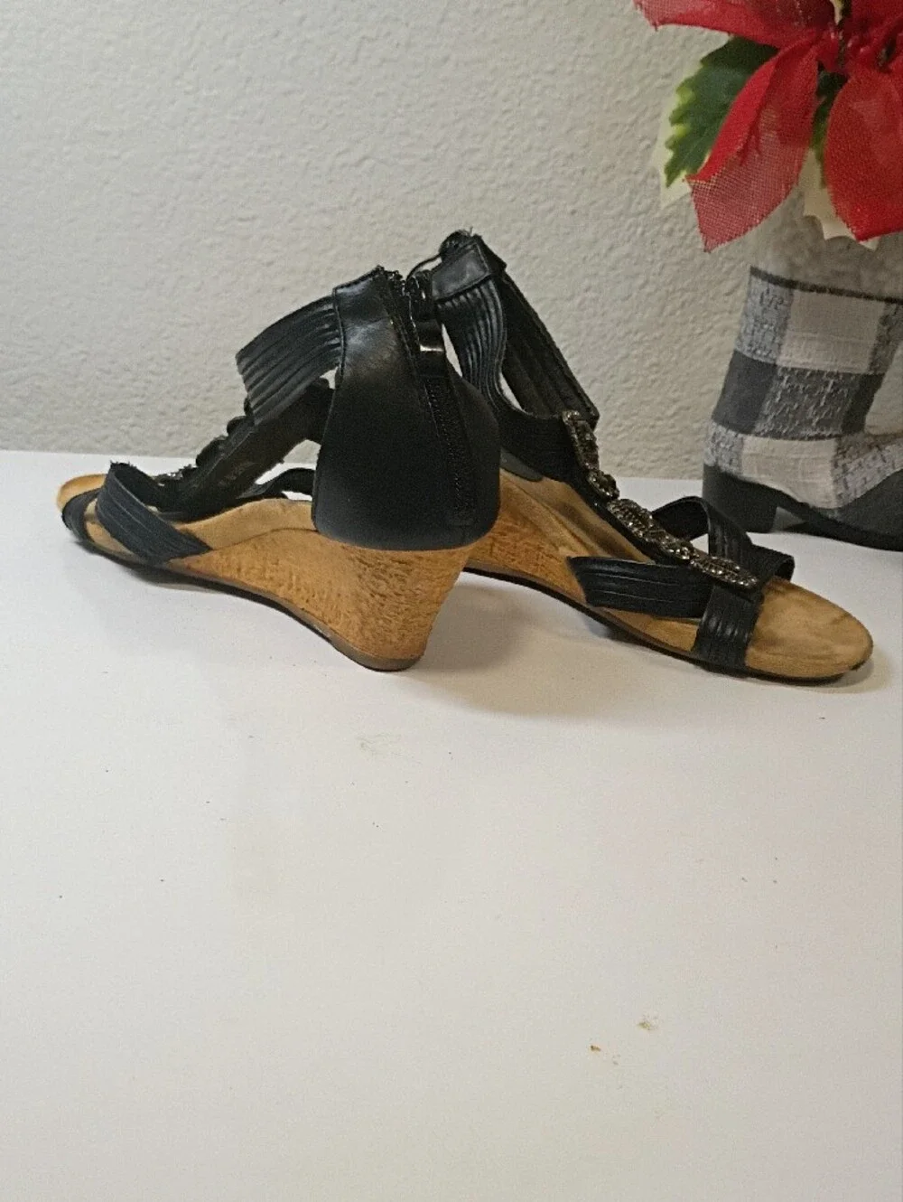 Black Jeweled T-Strap Wedge Sandals